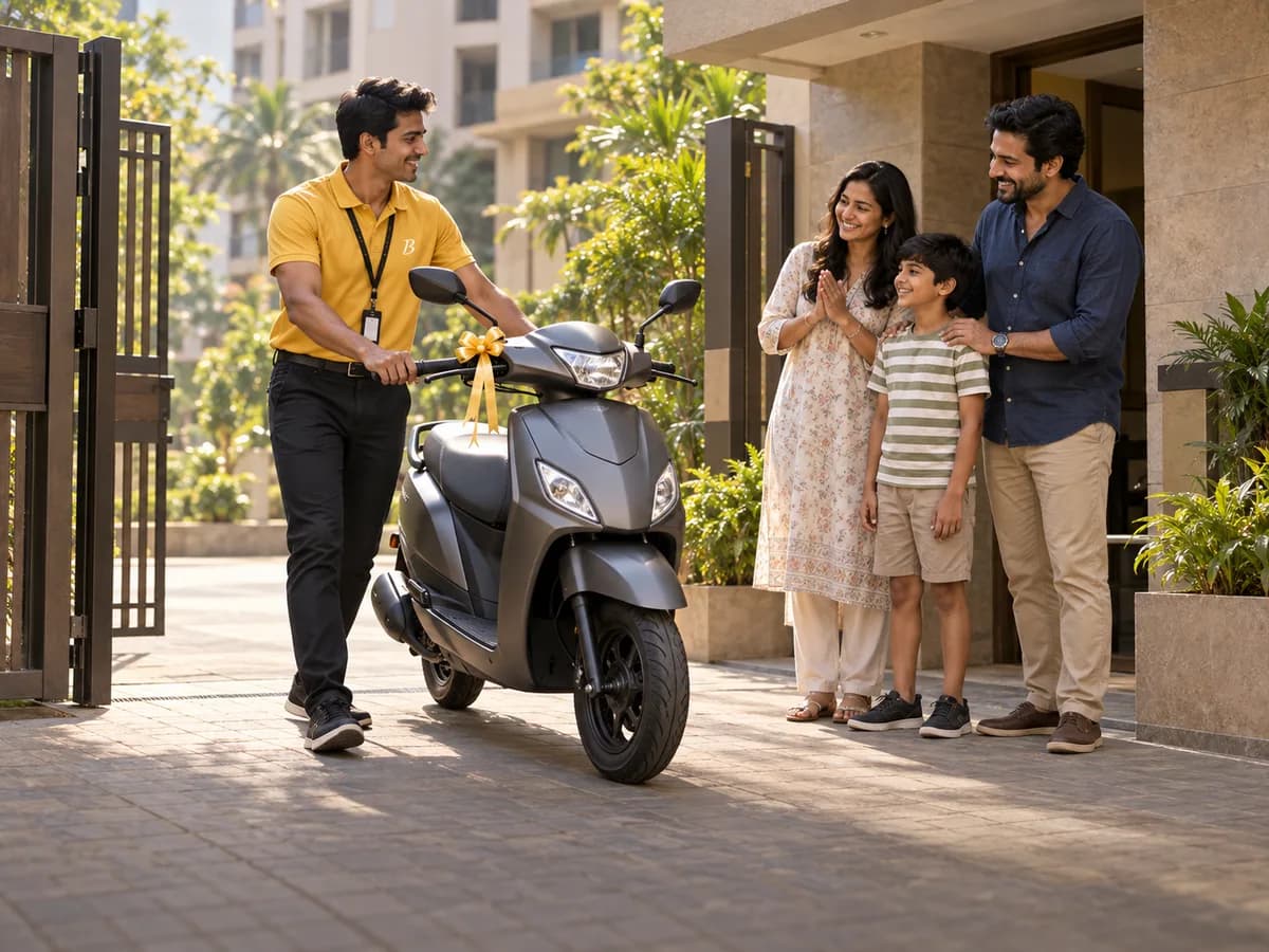 A BookMyBike executive delivering a new scooter to a family at their housing society