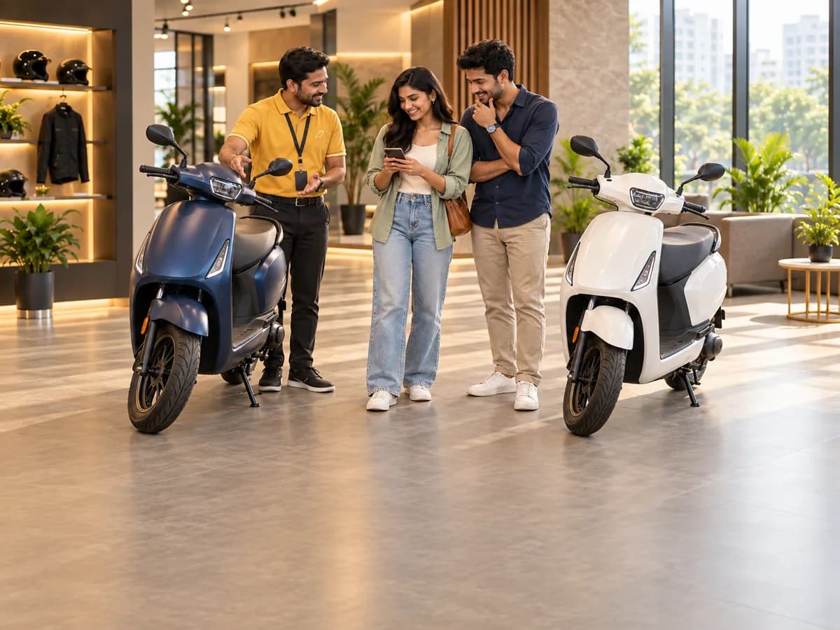 A BookMyBike studio executive helping a couple compare two new scooters
