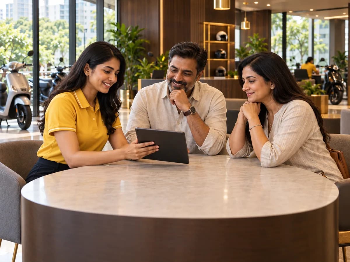 A BookMyBike executive walking a couple through an on-road price breakdown