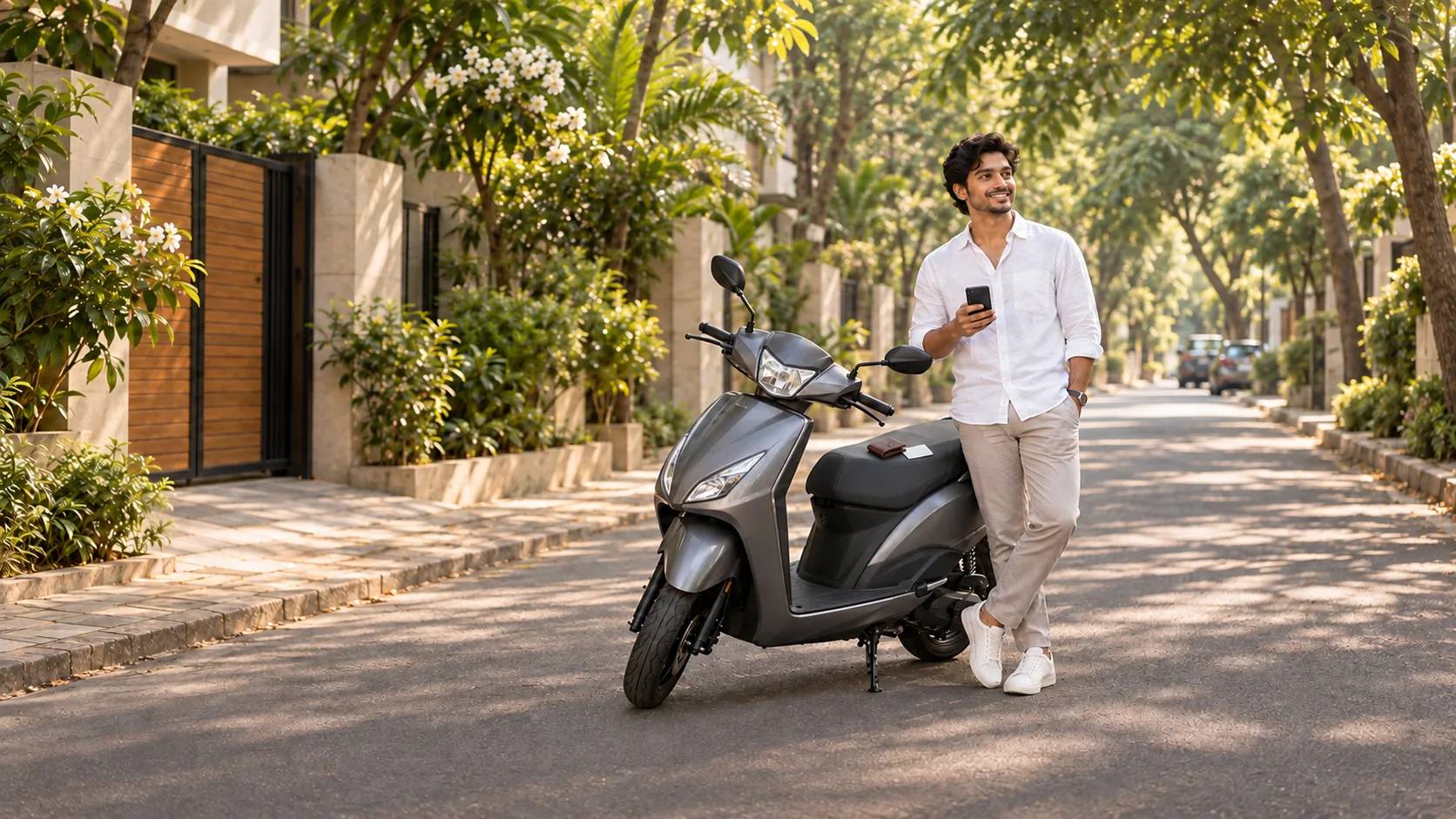 A rider holding a phone beside a new scooter