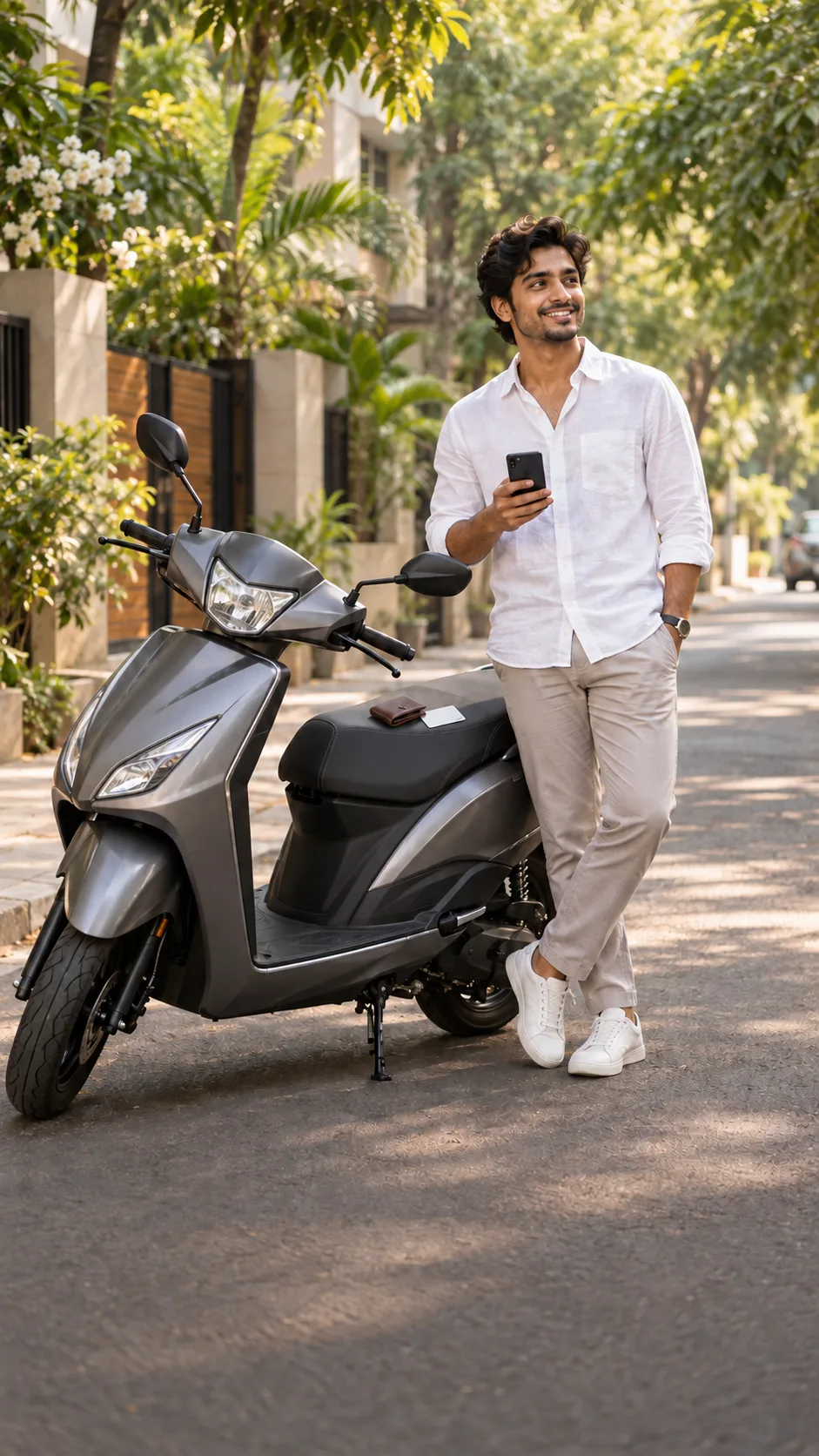 A rider holding a phone beside a new scooter