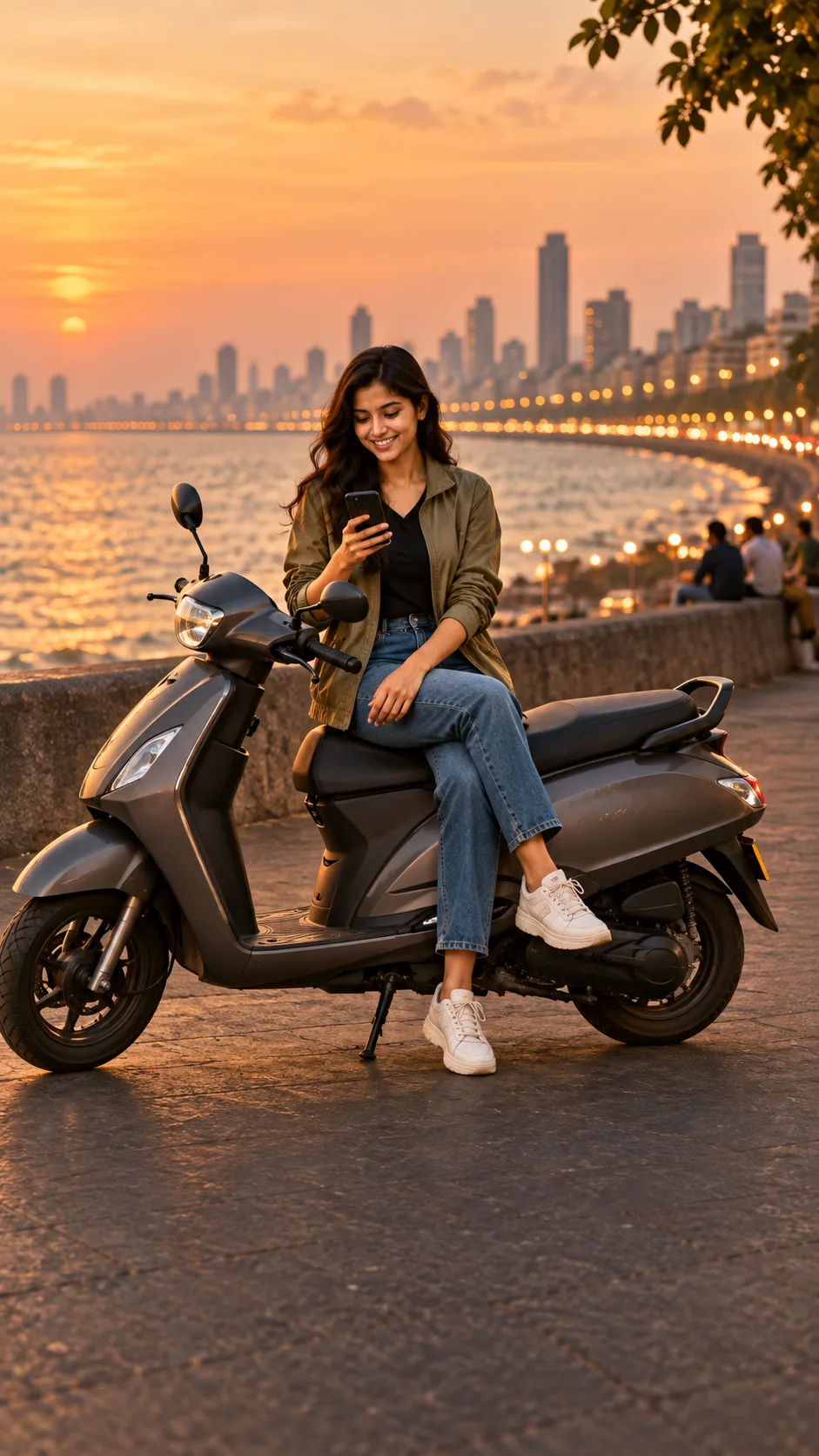 A rider reading on a phone beside a scooter on Marine Drive