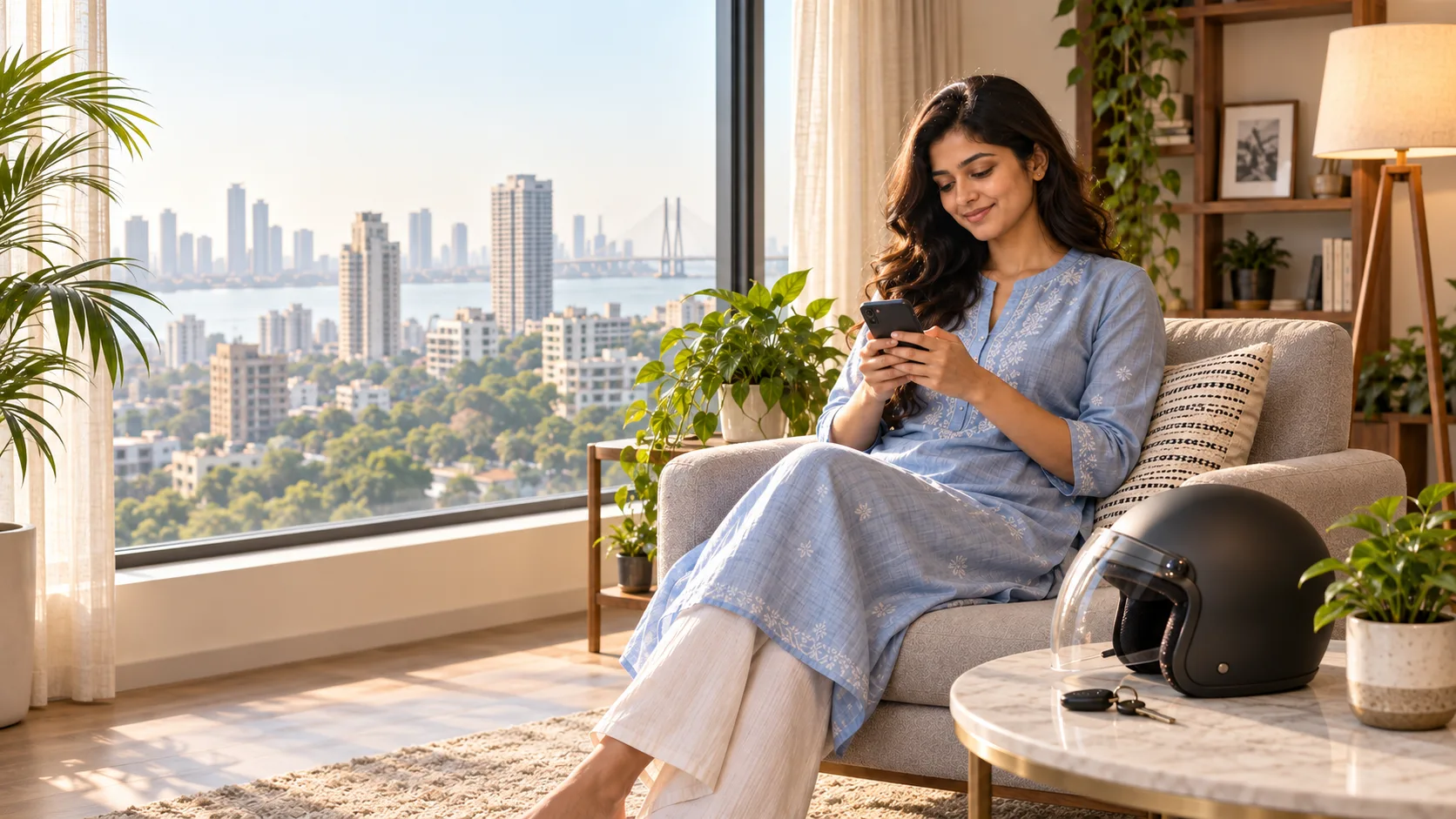 A young woman at home with her phone and scooter keys