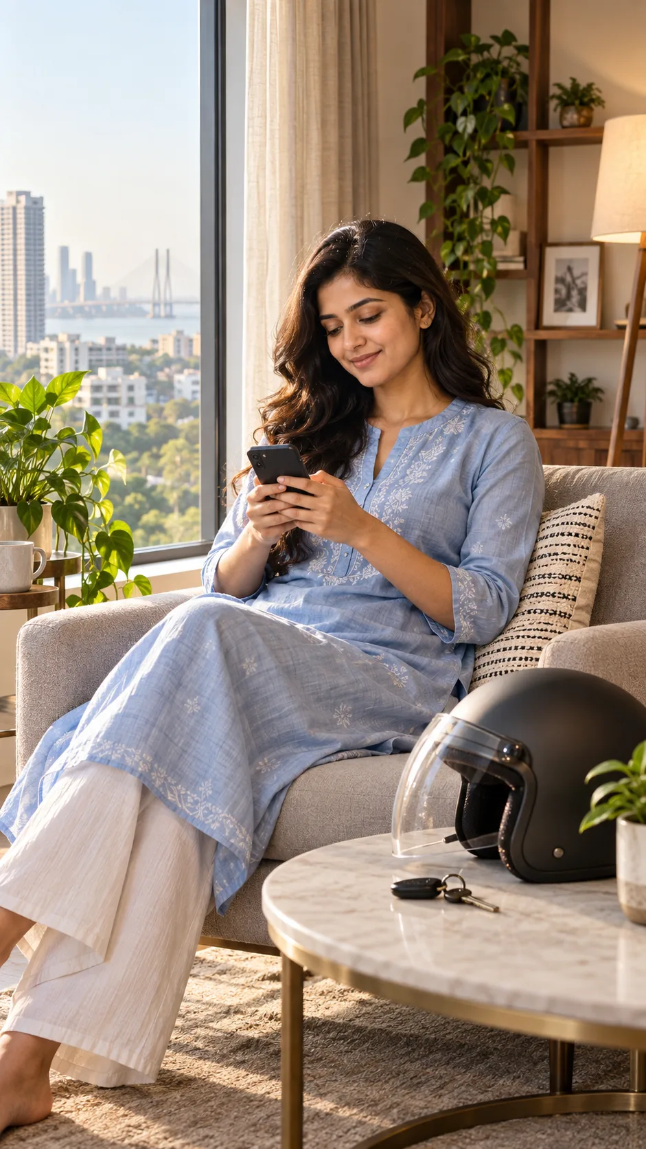 A young woman at home with her phone and scooter keys