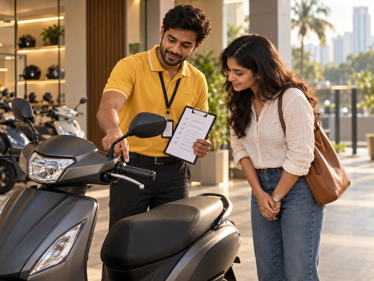 A BookMyBike executive and a buyer checking a new scooter before delivery
