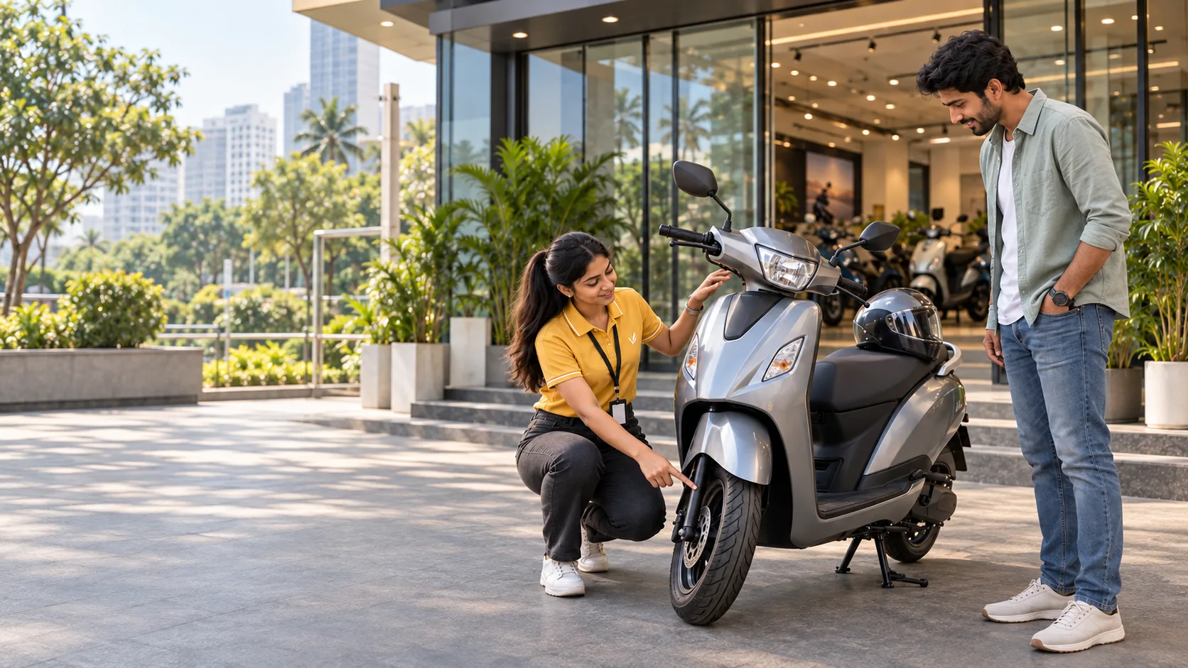 A BookMyBike executive walking a buyer through a pre-delivery check