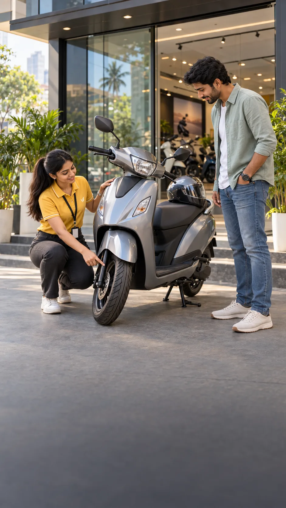 A BookMyBike executive walking a buyer through a pre-delivery check