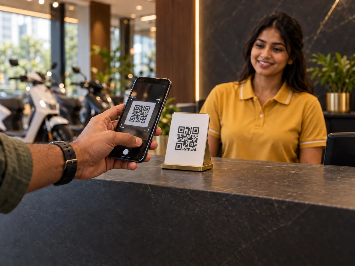 A buyer paying by UPI at a BookMyBike studio counter