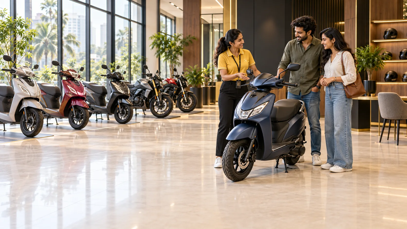 A BookMyBike studio executive showing a new scooter to a couple