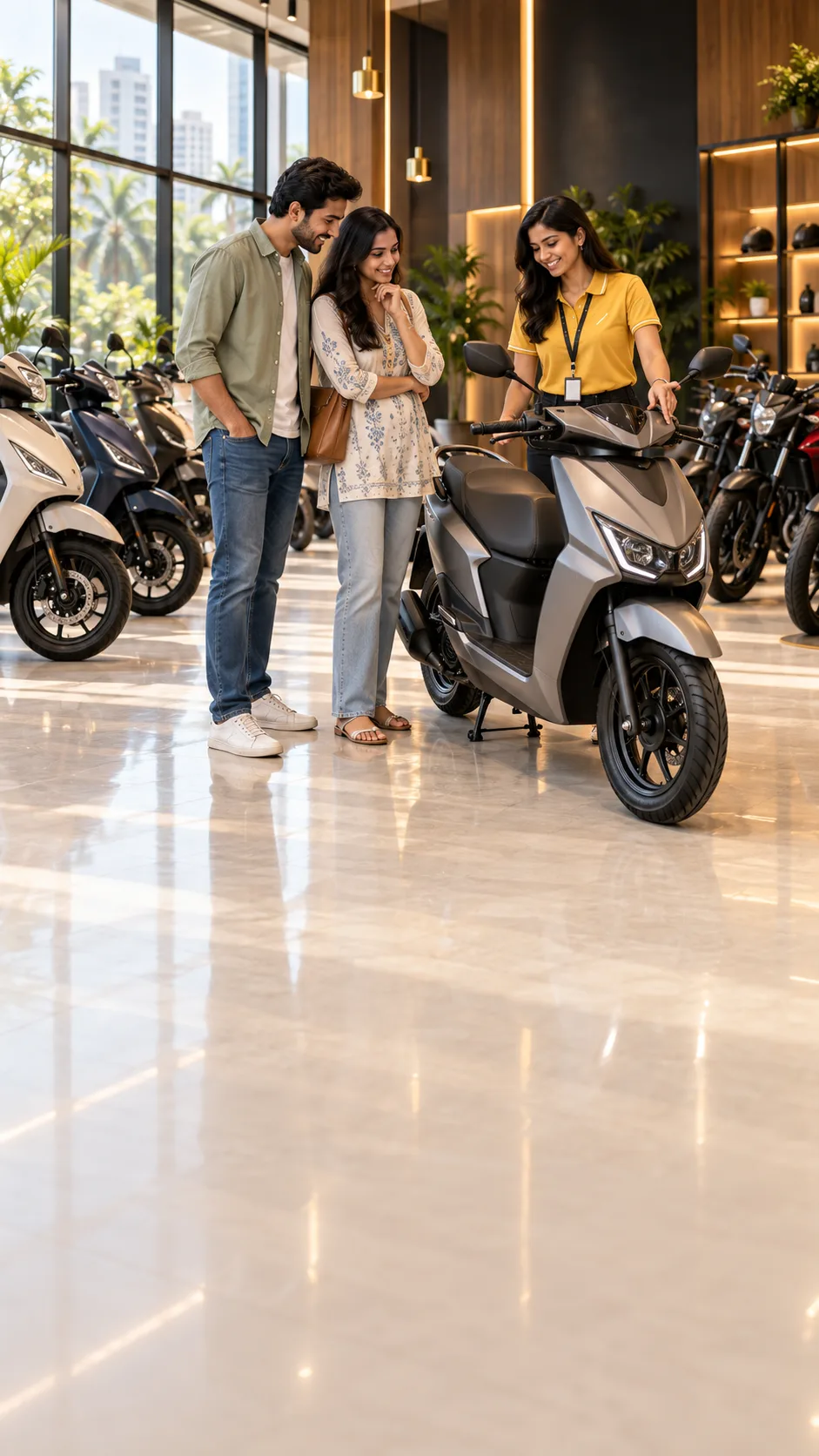 A BookMyBike studio executive showing a new scooter to a couple