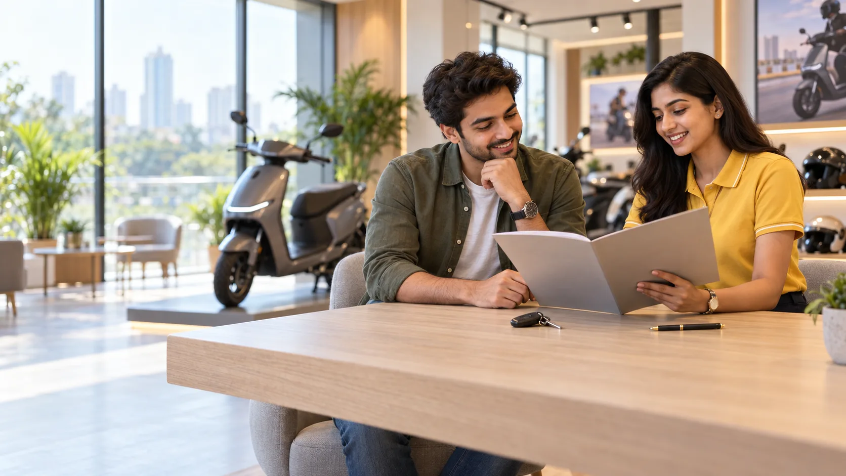 A BookMyBike executive and a buyer going through a booking folder
