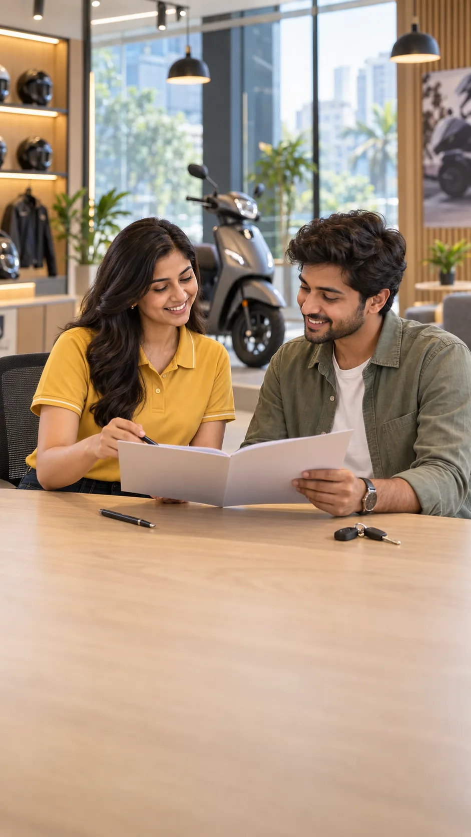 A BookMyBike executive and a buyer going through a booking folder