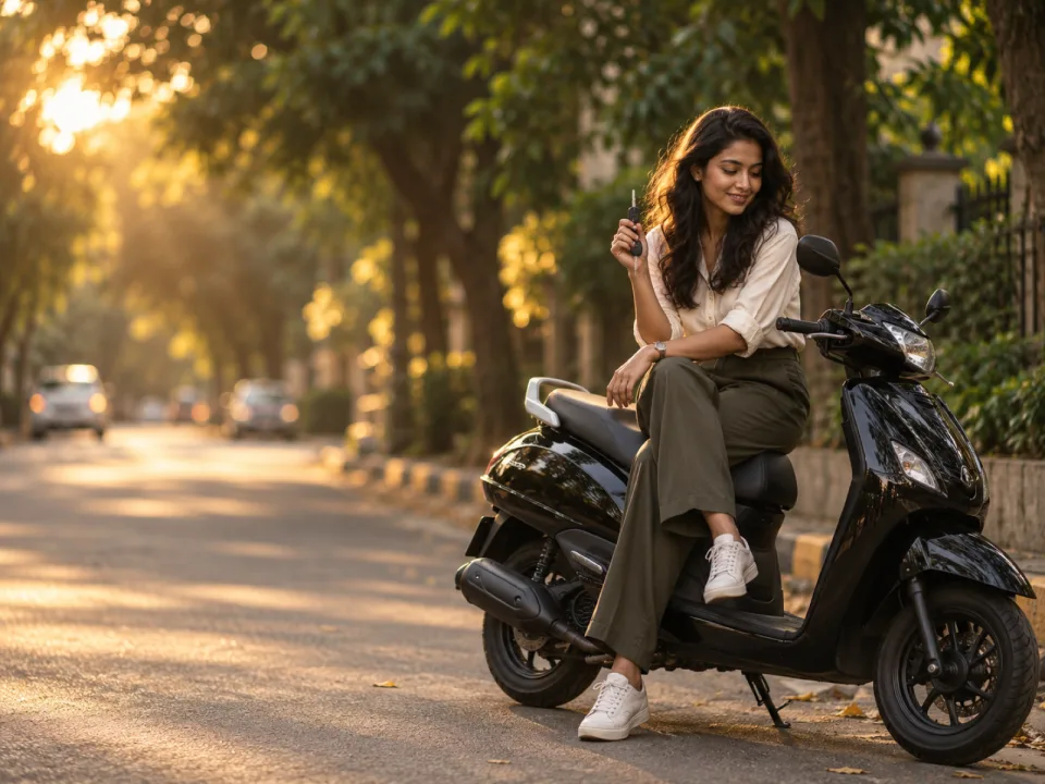 A member with her new scooter on a Mumbai street at sunset